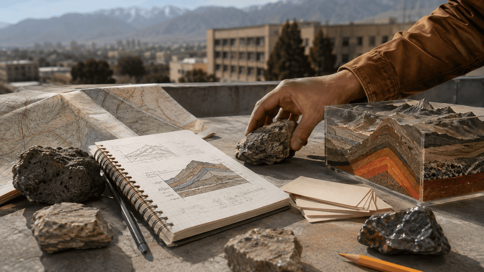کاور مطالعهٔ زمینشناسی کنکور با نمونهسنگ، دفتر صحرایی و مدل لایههای زمین روی پشتبام مدرسه