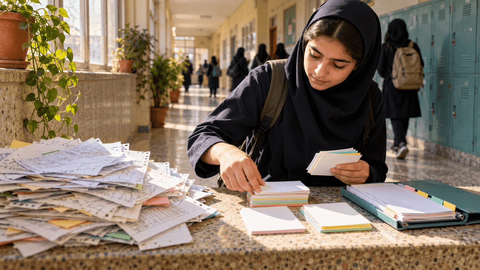 دانشآموزی در راهروی مدرسه در حال مرتبکردن جزوه و تبدیل یادداشتها به کارتهای پرسش